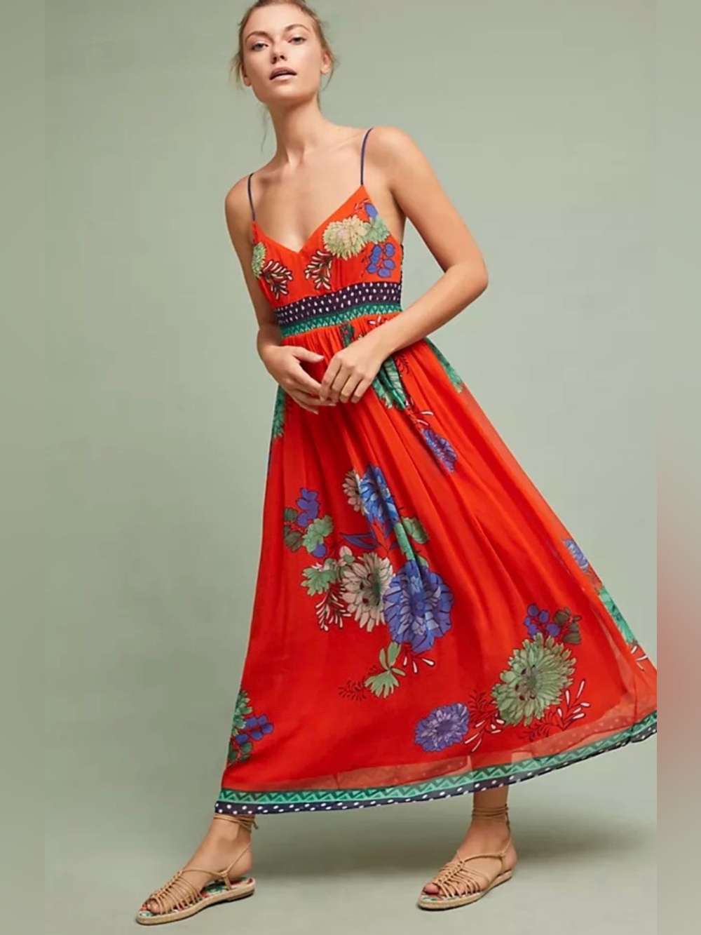 Maeve Anthropologie Orange Floral Smocked Boho Maxi Dress Size 8